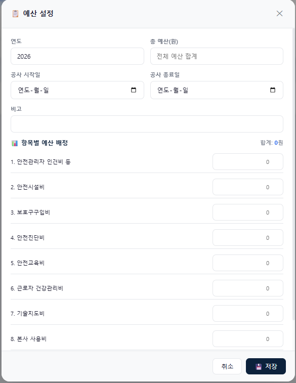 misosafety 안전관리비 예산 설정 실제 화면